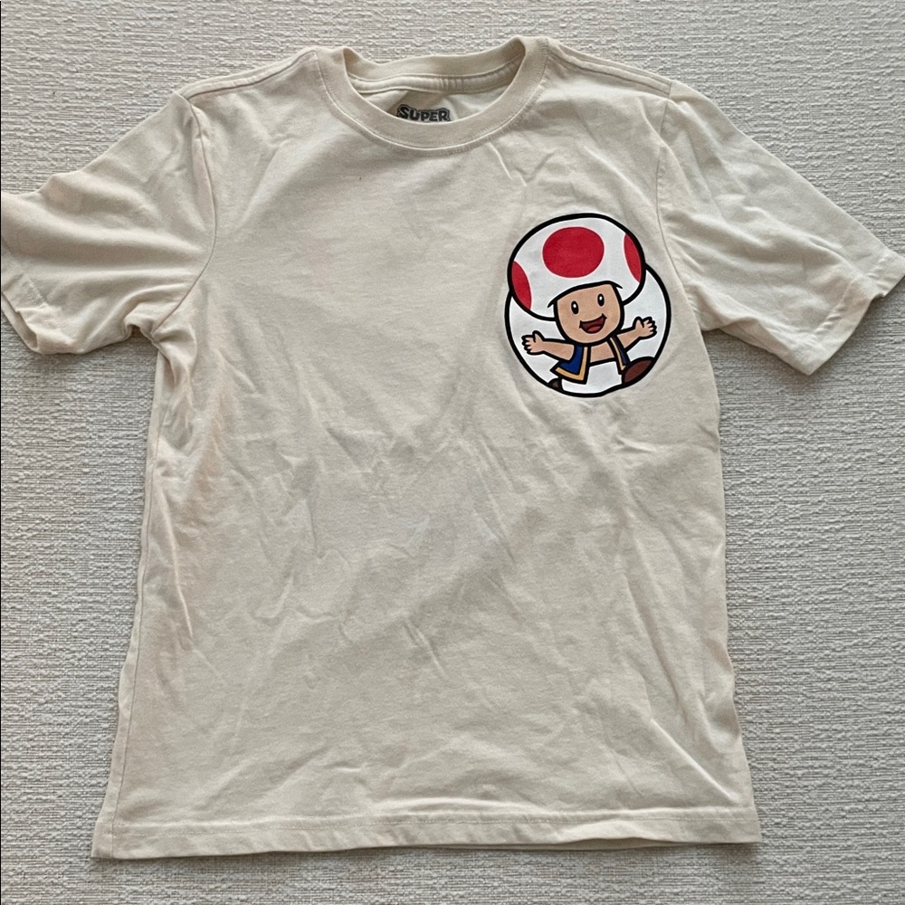 Kids Nintendo Super Mario Cream T-Shirt with Toad Character.